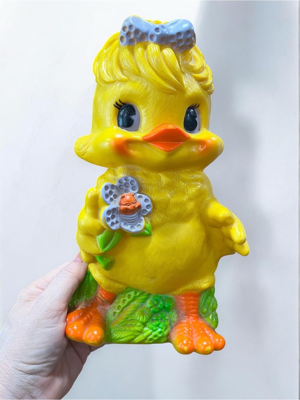 Vintage Russ Berrie Yellow Duck Plastic 9 1/2" Coin Bank w/plug